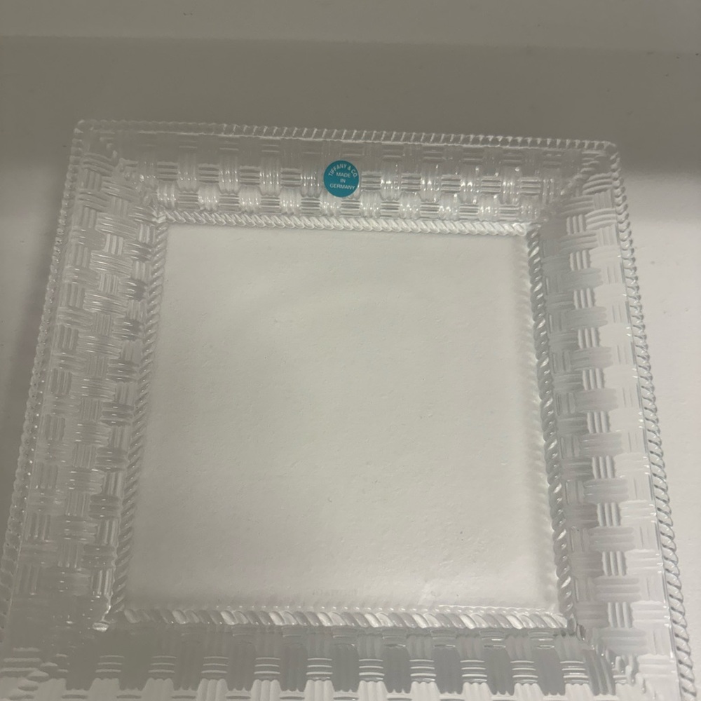 Tiffany & Co. Clear Glass Square Serving Tray with Basketweave Border